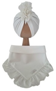 KOMPLET TURBAN POJEDYNCZY FALBANKA I CHUSTA Z FALBANKĄ - KORONKA Śmietankowa Biel