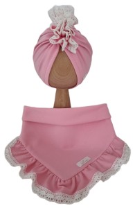 KOMPLET TURBAN POJEDYNCZY FALBANKA I CHUSTA Z FALBANKĄ - KORONKA Róż