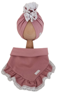 KOMPLET TURBAN POJEDYNCZY FALBANKA I CHUSTA Z FALBANKĄ - KORONKA Pudrowy Róż