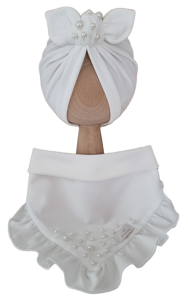 KOMPLET Z KORALIKAMI TURBAN POJEDYNCZY I CHUSTA Z FALBANKĄ Śmietankowa Biel