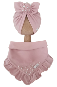 KOMPLET Z KORALIKAMI TURBAN POJEDYNCZY I CHUSTA Z FALBANKĄ Jasny Róż