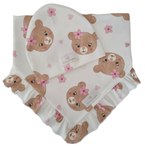 KOMPLET PRINCESSKA CZAPKA I CHUSTA Z FALBANKĄ Misie na Bieli