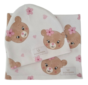 KOMPLET PRINCESSKA CZAPKA I KOMIN Misie na Bieli