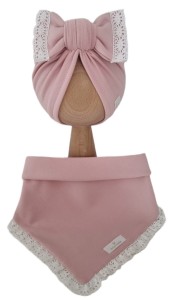 KOMPLET TURBAN KOKARDA I CHUSTA Z KORONKĄ Jasny Róż