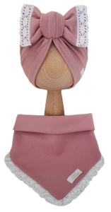 KOMPLET TURBAN KOKARDA I CHUSTA Z KORONKĄ Pudrowy Róż