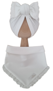 KOMPLET TURBAN KOKARDA I CHUSTA Z KORONKĄ Śmietankowa Biel