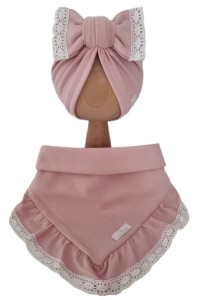 KOMPLET TURBAN KOKARDA I CHUSTA Z FALBANKĄ - KORONKA Jasny Róż