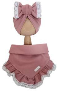 KOMPLET TURBAN KOKARDA I CHUSTA Z FALBANKĄ - KORONKA Pudrowy Róż 