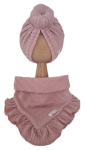 KOMPLET TURBAN POJEDYNCZY DONUT I CHUSTA Z FALBANKĄ SWETEREK WARKOCZ Pudrowy Róż