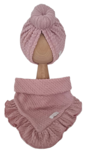 KOMPLET TURBAN POJEDYNCZY DONUT I CHUSTA Z FALBANKĄ SWETEREK WARKOCZ Pudrowy Róż