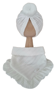 KOMPLET TURBAN POJEDYNCZY DONUT I CHUSTA Z FALBANKĄ SWETEREK WARKOCZ Ecru