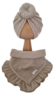 KOMPLET TURBAN POJEDYNCZY DONUT I CHUSTA Z FALBANKĄ SWETEREK WARKOCZ Beż