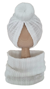 KOMPLET TURBAN POJEDYNCZY DONUT I KOMIN SWETEREK WARKOCZ Ecru