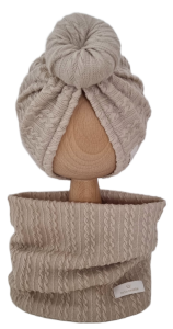 KOMPLET TURBAN POJEDYNCZY DONUT I KOMIN SWETEREK WARKOCZ Beż