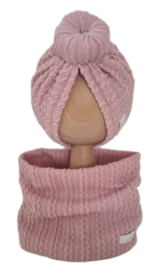 KOMPLET TURBAN POJEDYNCZY DONUT I KOMIN SWETEREK WARKOCZ Pudrowy Róż