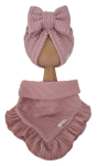 KOMPLET TURBAN POJEDYNCZY KOKARDA  I CHUSTA Z FALBANKĄ SWETEREK WARKOCZ Pudrowy Róż