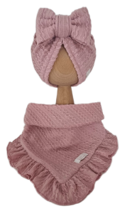 KOMPLET TURBAN POJEDYNCZY KOKARDA  I CHUSTA Z FALBANKĄ SWETEREK WARKOCZ Pudrowy Róż