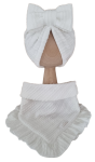 KOMPLET TURBAN PODWÓJNY KOKARDA  I CHUSTA Z FALBANKĄ SWETEREK WARKOCZ Ecru