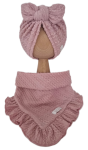 KOMPLET TURBAN POJEDYNCZY MOTYLEK  I CHUSTA Z FALBANKĄ SWETEREK WARKOCZ Pudrowy Róż 