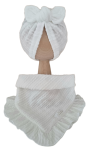 KOMPLET TURBAN POJEDYNCZY MOTYLEK  I CHUSTA Z FALBANKĄ SWETEREK WARKOCZ Ecru