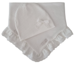 DZIEWCZĘCY KOMPLET CZAPKA Z KOKARDKĄ I CHUSTA Z KORONKOWĄ FALBANKĄ sweterek prążek Ecru 