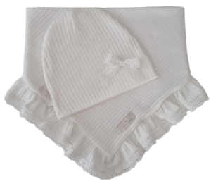 DZIEWCZĘCY KOMPLET CZAPKA Z KOKARDKĄ I CHUSTA Z KORONKOWĄ FALBANKĄ sweterek prążek Ecru 