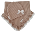 DZIEWCZĘCY KOMPLET CZAPKA Z KOKARDKĄ I CHUSTA Z KORONKOWĄ FALBANKĄ sweterek prążek Ciemny Beż