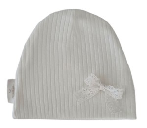 CZAPKA kokardka koronkowa sweterek prążek Ecru 
