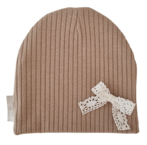 CZAPKA kokardka koronkowa sweterek prążek Ciemny Beż 