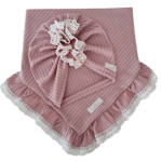 DZIEWCZĘCY KORONKOWY KOMPLET TURBAN FALBANKA  I CHUSTA Z FALBANKĄ sweterek prążek Pudrowy Róż 