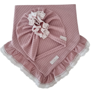 DZIEWCZĘCY KORONKOWY KOMPLET TURBAN FALBANKA  I CHUSTA Z FALBANKĄ sweterek prążek Pudrowy Róż 