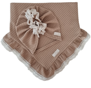 DZIEWCZĘCY KORONKOWY KOMPLET TURBAN FALBANKA  I CHUSTA Z FALBANKĄ sweterek prążek Ciemny Beż 