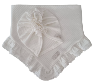 DZIEWCZĘCY KORONKOWY KOMPLET TURBAN FALBANKA  I CHUSTA Z FALBANKĄ sweterek prążek Ecru 