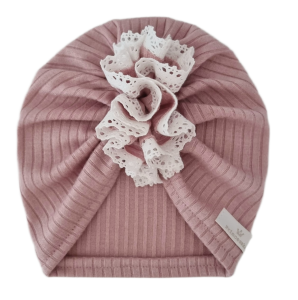 TURBAN FALBANKA Z KORONKĄ sweterek prążek Pudrowy Róż 