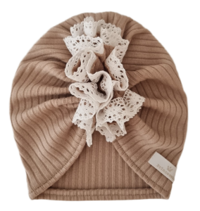 TURBAN FALBANKA Z KORONKĄ sweterek prążek Ciemny Beż 