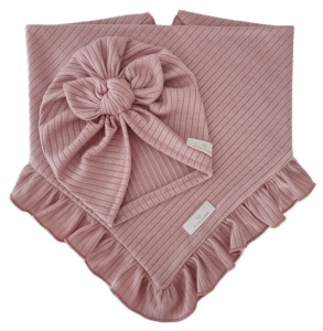 KOMPLET TURBAN POJEDYNCZY MOTYLEK  I CHUSTA Z FALBANKĄ sweterek prążek Pudrowy Róż 