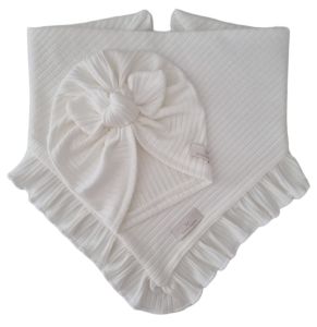 KOMPLET TURBAN POJEDYNCZY MOTYLEK  I CHUSTA Z FALBANKĄ sweterek prążek Ecru