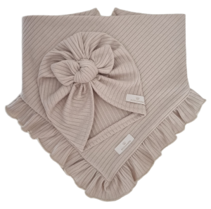 KOMPLET TURBAN POJEDYNCZY MOTYLEK  I CHUSTA Z FALBANKĄ sweterek prążek Jasny Beż 