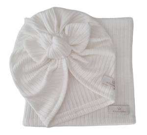 KOMPLET TURBAN MOTYLEK I KOMIN sweterek prążek Ecru 