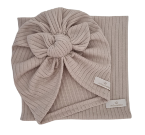KOMPLET TURBAN MOTYLEK I KOMIN sweterek prążek Jasny Beż