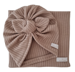 KOMPLET TURBAN MOTYLEK I KOMIN sweterek prążek Ciemny Beż 