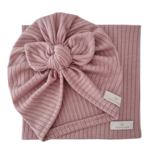 KOMPLET TURBAN MOTYLEK I KOMIN sweterek prążek Pudrowy Róż