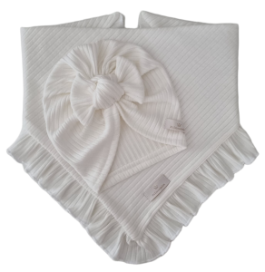 KOMPLET TURBAN POJEDYNCZY SUPEŁEK  I CHUSTA Z FALBANKĄ sweterek prążek Ecru  