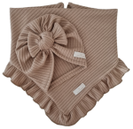KOMPLET TURBAN POJEDYNCZY SUPEŁEK  I CHUSTA Z FALBANKĄ sweterek prążek Ciemny Beż 