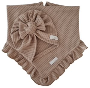 KOMPLET TURBAN POJEDYNCZY SUPEŁEK  I CHUSTA Z FALBANKĄ sweterek prążek Ciemny Beż 