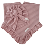 KOMPLET TURBAN POJEDYNCZY SUPEŁEK  I CHUSTA Z FALBANKĄ sweterek prążek Pudrowy Róż 