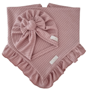 KOMPLET TURBAN POJEDYNCZY SUPEŁEK  I CHUSTA Z FALBANKĄ sweterek prążek Pudrowy Róż 