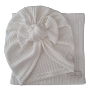 KOMPLET TURBAN SUPEŁEK I KOMIN sweterek prążek Ecru 