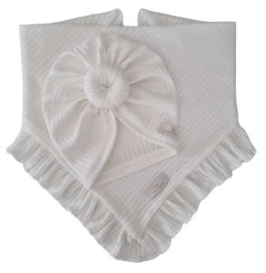 KOMPLET TURBAN POJEDYNCZY DONUT I CHUSTA Z FALBANKĄ sweterek prążek Ecru 