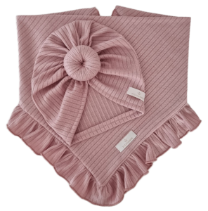 KOMPLET TURBAN POJEDYNCZY DONUT I CHUSTA Z FALBANKĄ sweterek prążek Pudrowy Róż